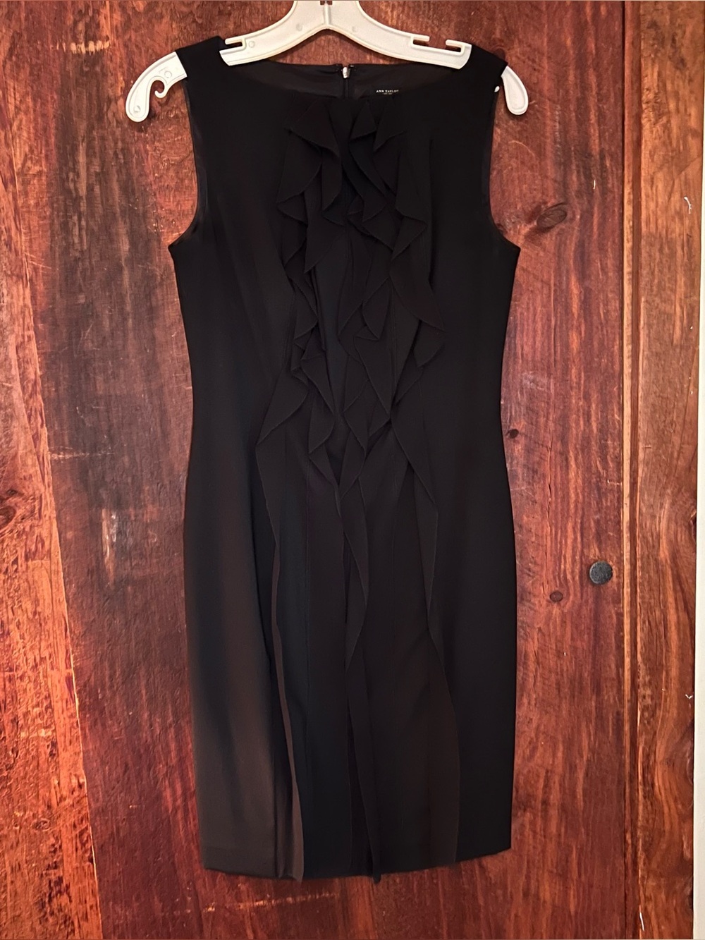 Ann Taylor Black Sleeveless Ruffle-Front Midi Sheath Dress